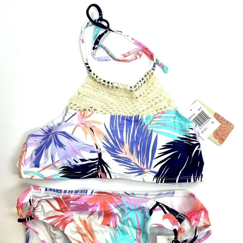 Hobie Girl’s Halter Bikini Top And Hipster Bottom Swimsuit Bikini Set Size 14